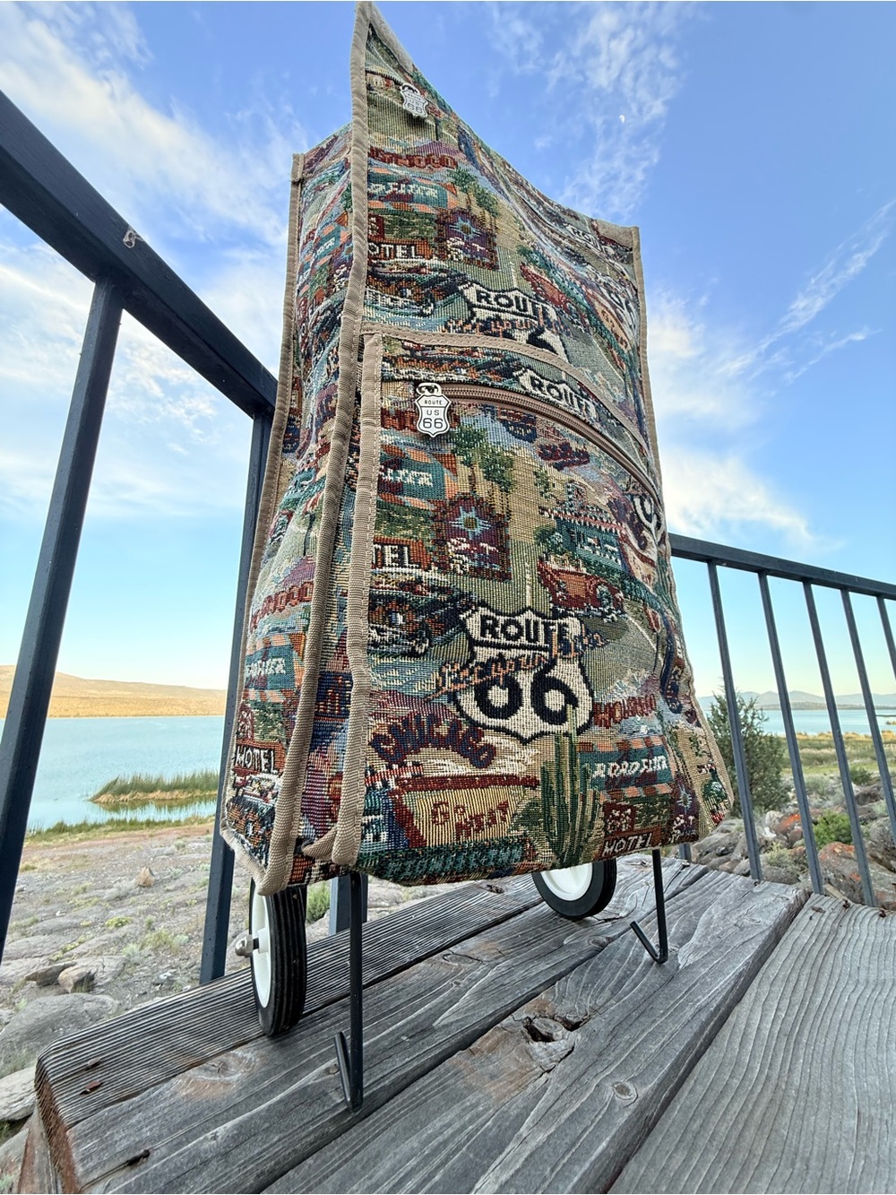 Route 66 Tapestry-Style Travel Bag in Beige, Teal, Brown